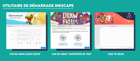 Vue des 3 menus proposés par l'utilitaire de démarrage du logiciel Inkscape